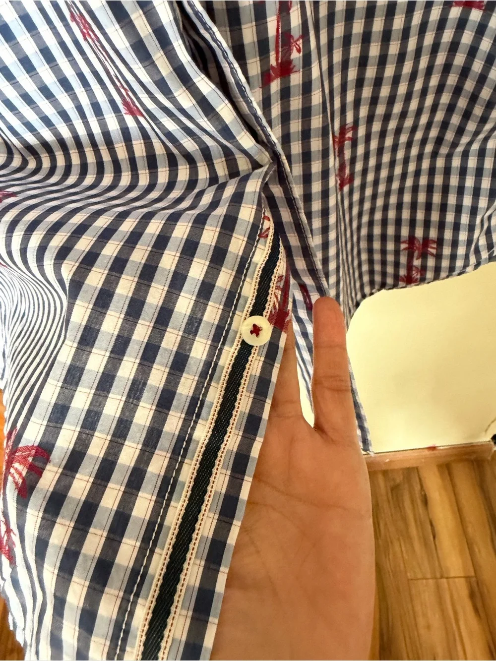 Tommy Bahama Men’s Blue and White Gingham Button-Down with Red Palm Print